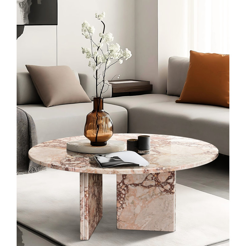 Table basse luxueuse en marbre rose de 12,6 po de hauteur, ornement essentiel pour le salon, surface polie, conception facile à installer, élément de décoration naturel distinctif naturel de 27,6 H 12,6 po / 70 H 32 cm,