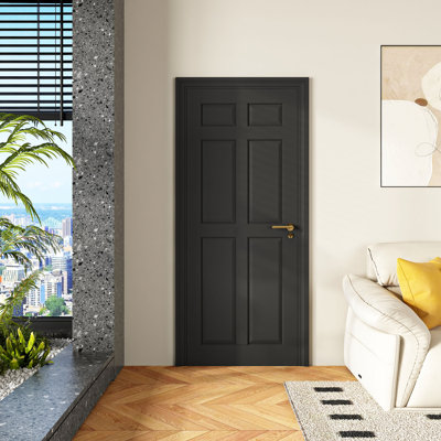 Porte intérieure à 6 panneaux de 28 po x 80 po à 6 panneaux de peinture noire, pour garde-robe de garde-robe de chambre à coucher avec garde-robe de garde-robe, poche, grange sans shaker