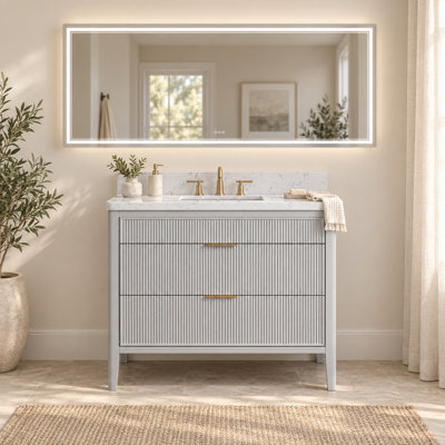 Meuble-lavabo sur pied gris mat de 91 cm avec lavabo intégré et miroir de courtoisie à DEL de 91 x 244 cm.