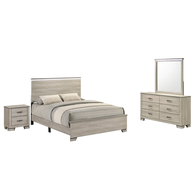 Rustic Farmhouse Bedroom Set With LED Headboard, Greige, Queen, 4 Pieces: Bed, Nightstand, Dresser, Mirror