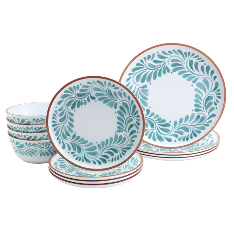 INFUSE 12-Piece Melamine Dinnerware Set, Lebrillo, White/Aqua