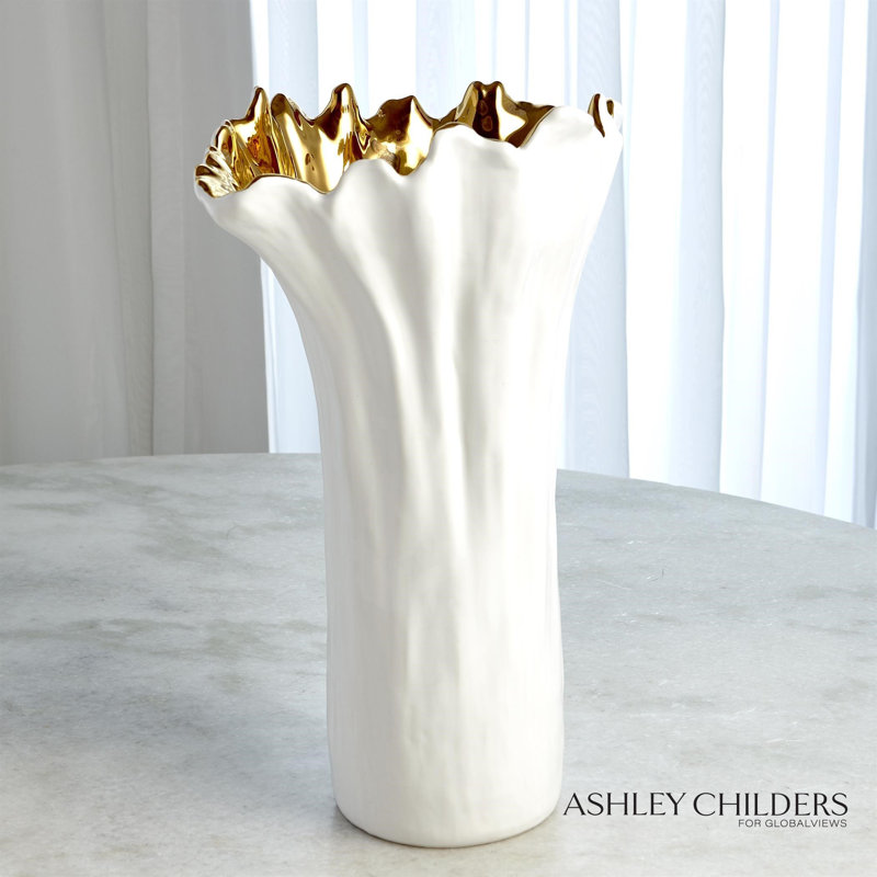 Organic Wave Oval Bowl-White-Lg, White/Gold