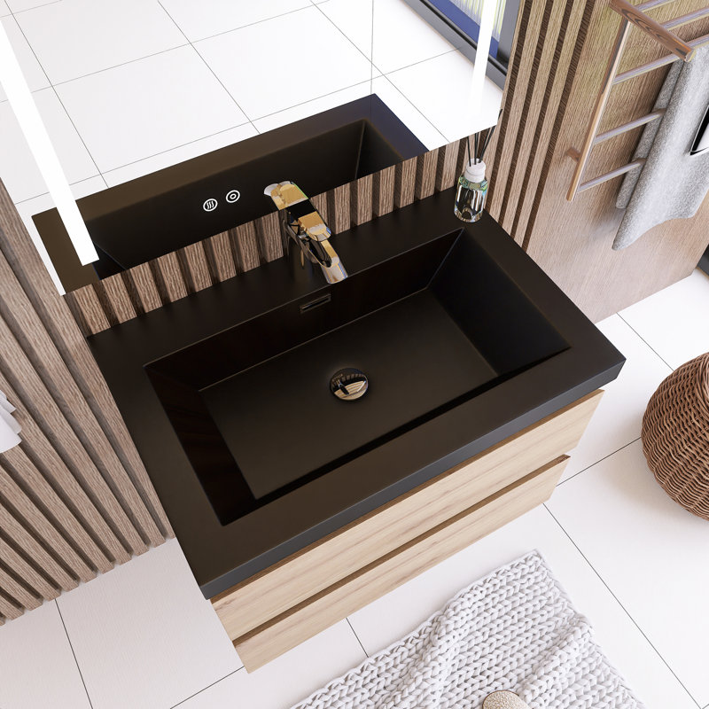 Ensemble de meuble-lavabo mural simple 29,5 po avec plateau en résine Mannus, Naturel