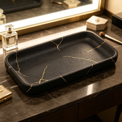 Plateau de meuble-lavabo, accessoires de comptoir en résine pour les essentiels de chambre de dortoir, organisateur de fourre-tout décoratif avec corps noir mat et veines dorées (Collection Sydney)