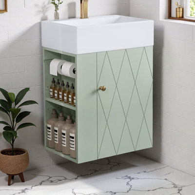 Bathroom Vanity With Ceramic Sink, Diamond Pattern Door Design, Gold Handle, Side Storage Shelves And Built-in Towel Bar
