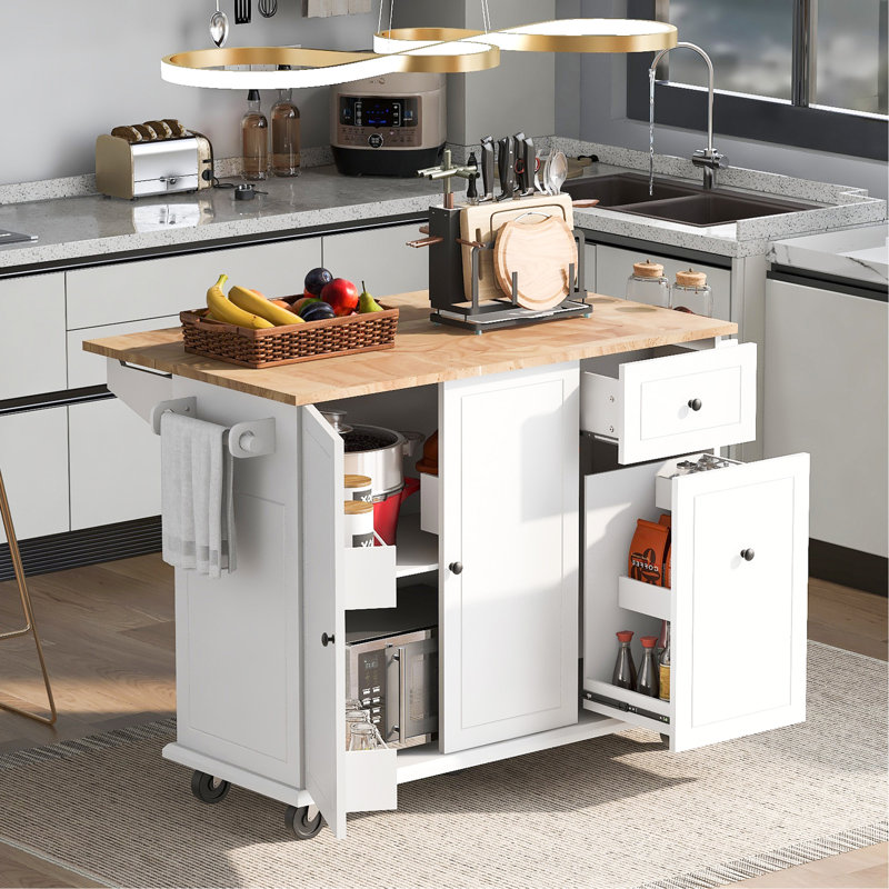 Creg Rolling Mobile Kitchen Island Cart with Drop-Leaf Top, Pull-Out Storage, and Locking Casters, White