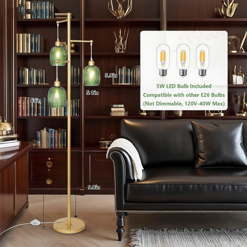 Modern Tree Floor Lamp With 3 Green Glass Shades, Mid-Century Industrial Standing Light With LED Bulbs For Living Room, Bedroom, Office Corner