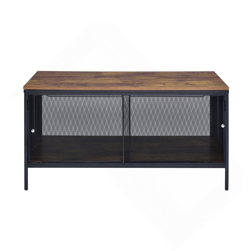 Table basse, chêne antique et noir avec 4 portes coulissantes