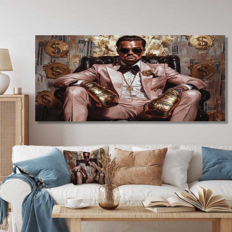 Loup de Wall Street avec lunettes, gant et classeur - homme, art mural, Toile tendue, 34" H x 44" W