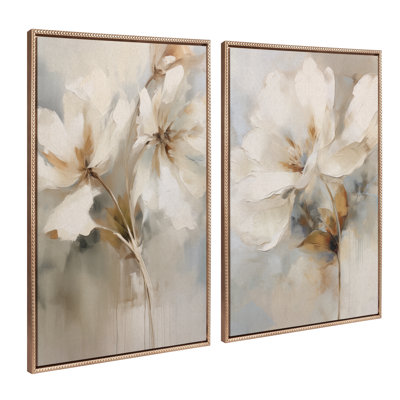 Abstract Botanical Floral Linen Painting 1 and 2 by The Creative Bunch Studio Framed Canvas Wall Art Set