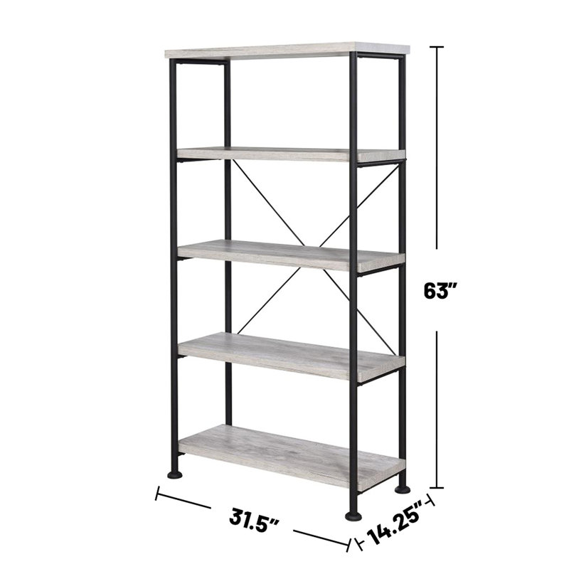 Bibliothèque industrielle à 4 tablettes en bois flotté gris et noir, ouverte pour le rangement des objets personnels, conception stable, accès facile au décor, structure