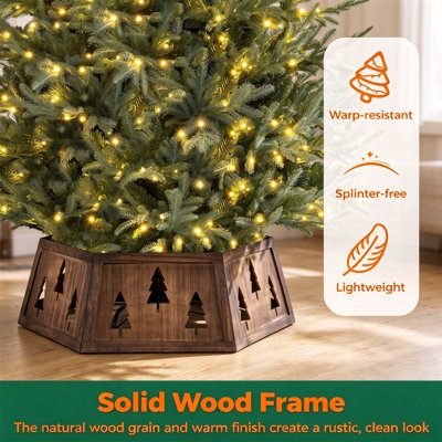 Collier en bois pour arbre de Noël, L 31,5 po x l 27,5 po x H 10 po, bois massif et métal, 1 pièce, support d'arbre, brun rustique, assemblage sans outil et motifs découpés