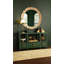 Open Shelf Console With Three Bottom Drawers And Square Satin Brass Hardware In Dyed Blue Grasscloth-276743987