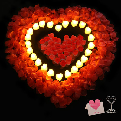 24 Pack Flameless LED Tea Lights Candles Heart Shape With Greeting Card & 1000 Petals For Votive, Aniversary, Wedding Centerpiece Table Decor, Halloween, Christmas