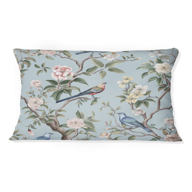 Chinoiserie avec oiseaux et pivoines - coussin floral imprimé, Rectangle 12"H x 20"W