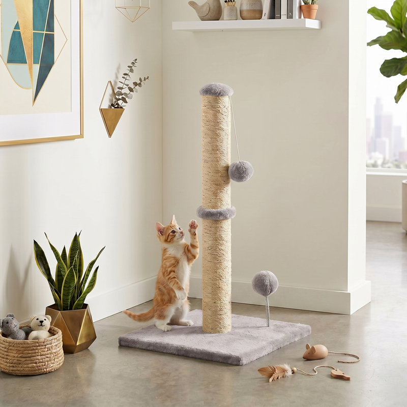 Métal de grattage pour chat 22 pouces Métal de montage Grattoir en sisal naturel avec grattoir et base en bois, Gris
