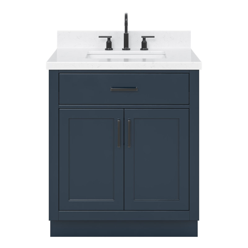 Meuble-lavabo simple en bois massif 30 po avec plateau en quartz Carrara de 1,5 po Tidworth, Bleu minuit / laiton satiné