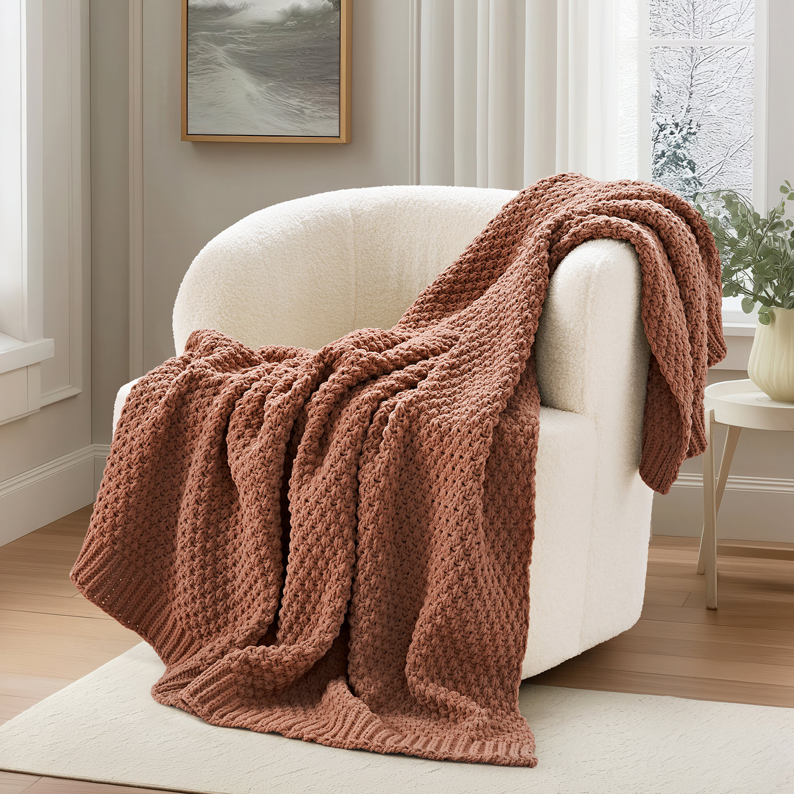 Chunky Chenille Knit Throw Blanket, 90" L x 90" W, Terracotta Clay