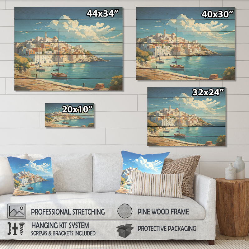 Syros Serenityscape II - Paysage portuaire côtier sur bois, H 30 po x l 40 po x P 0,78 po