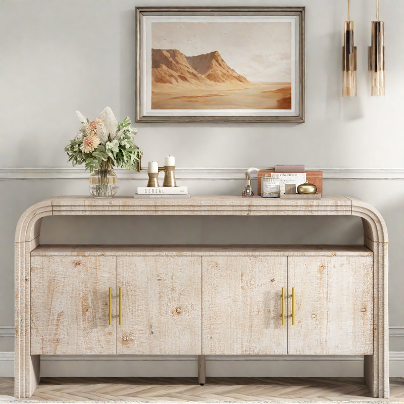 4-door Elegant Console Table With Natural Embossed Texture, Curved Edge And Metal Handles, Natural Wood