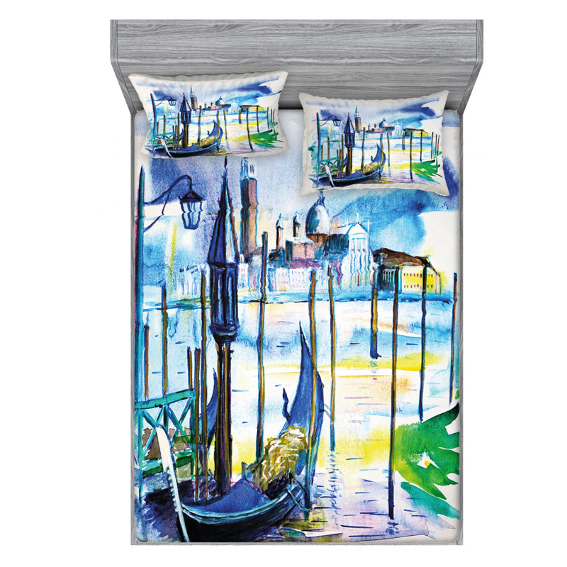 Ensemble de draps View with Boat in Venice Italie, Ensemble de drap pour grand lit avec drap-housse