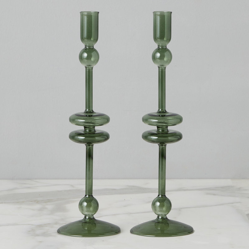 Glass Candlestick, 12" H x 4" W x 4" D, Emerald Green
