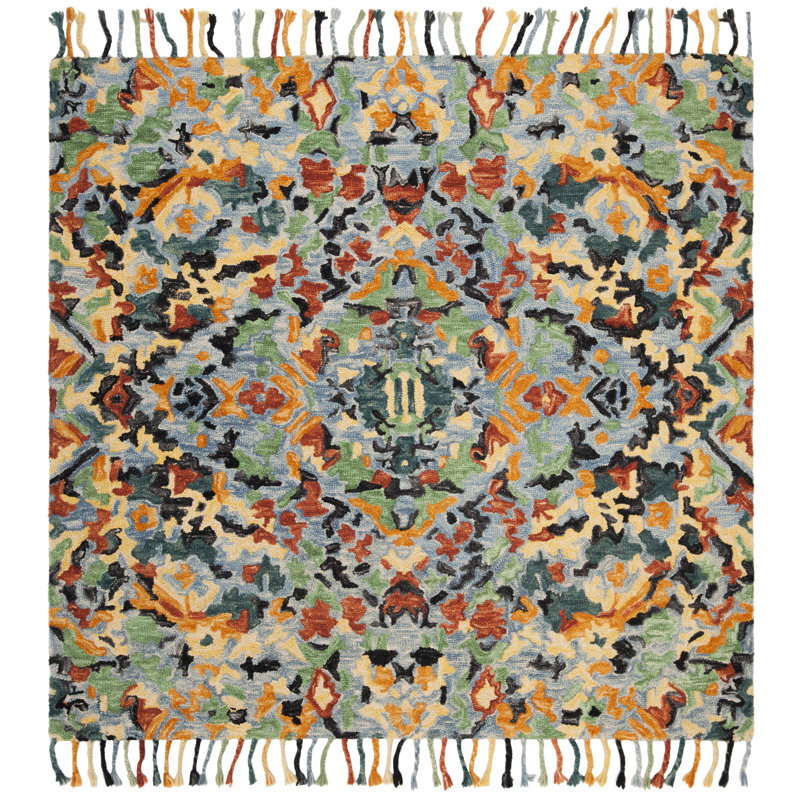 Tapis bleu en laine noué à la main Jahiem, Carré 6 pi