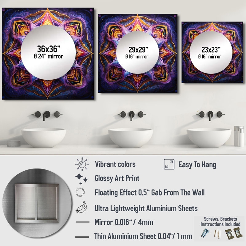 Xola - Grand miroir mural carré Boho Mandala pour chambre à coucher, 36 po x 36 po