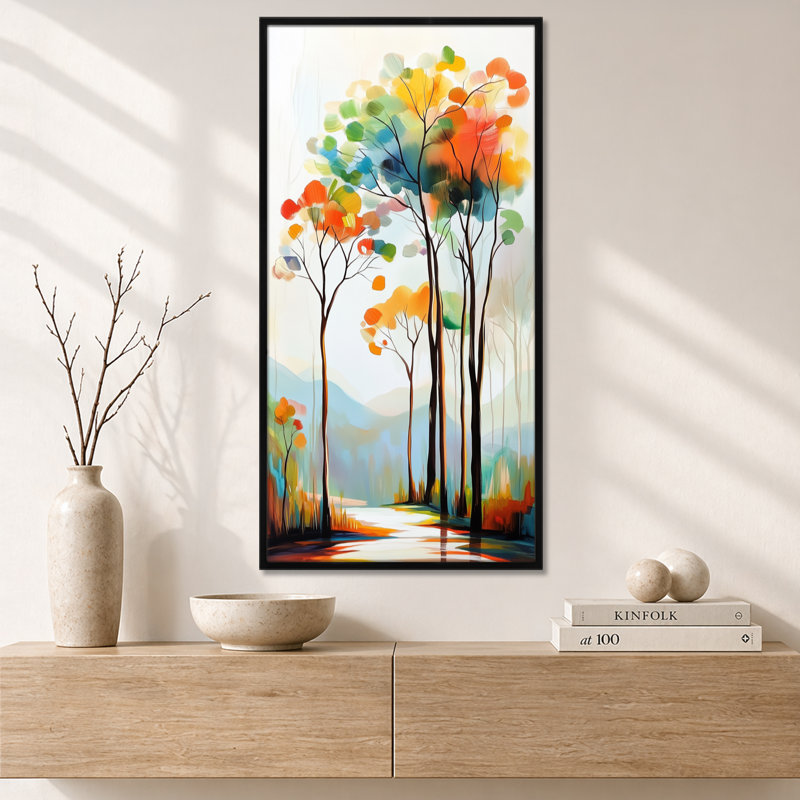«Green Orange Color Splash Forest Path I», décoration murale verte Moody, impressions encadrées sereines, Cadre flottant noir