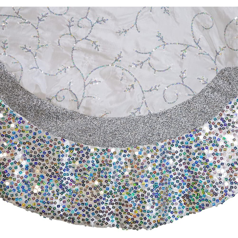 Kurt Adler Christmas Tree Skirt with Sequined Border Design, Silver, 60in