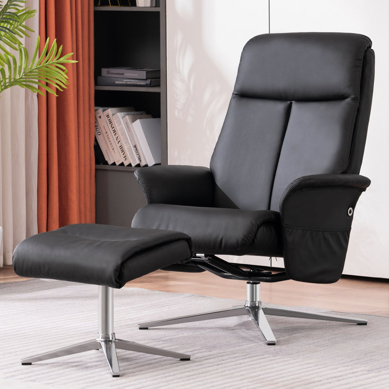 Fauteuil inclinable pivotant avec repose-pieds en similicuir, Noir, noir, noir, noir