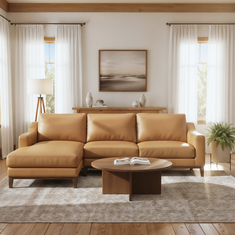 Inniss 107.3" Genuine Leather Left Chaise Sectional Sofa with Solid Wood Frame and Legs, Orange Genuine Leather