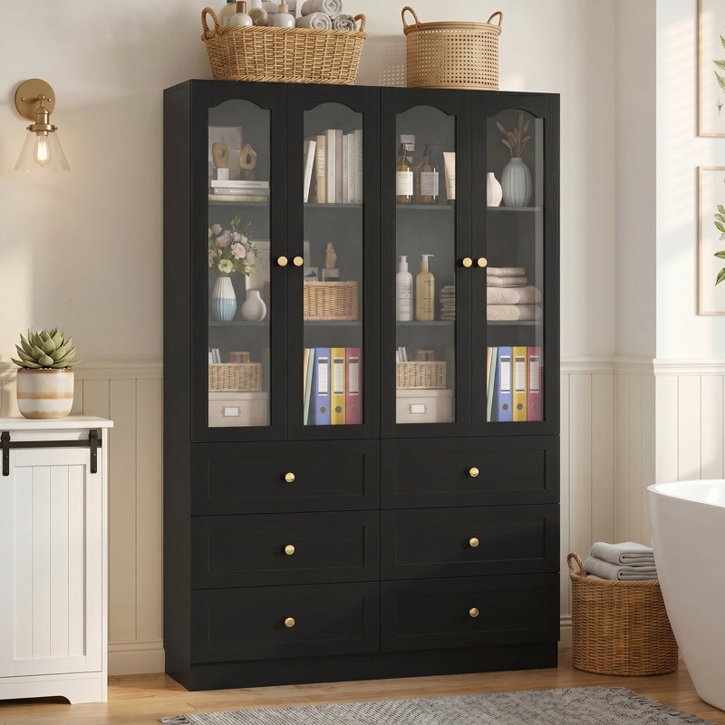 Bibliothèque H 80 "x l 47,2" avec tiroirs en bois et porte en verre, Noir