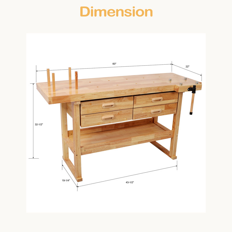 Établi 60 po en bois franc en caoutchouc avec 4 tiroirs, banc de travail robuste 330 lb, table de travail du bois pour le garage, atelier et rangement