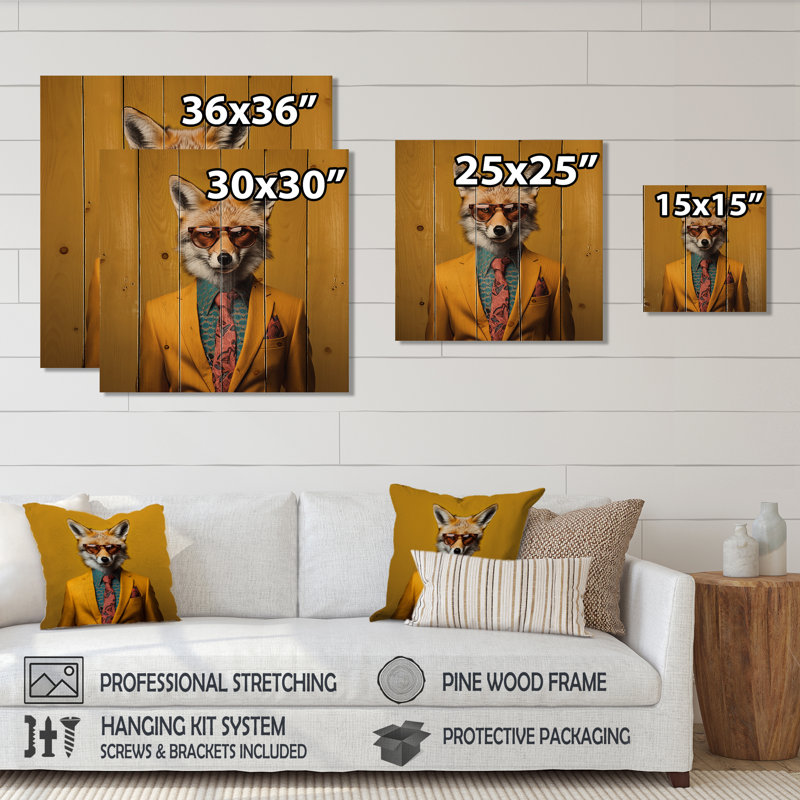 Jaune et orange habillé en renard II - animal renard sur bois, H 36 po x l 36 po