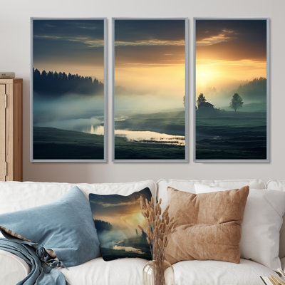 «Misty Sunset Over Forest River», ensemble de décorations murales coucher de soleil