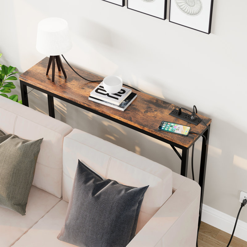 Bar Table with Built-in Power Outlet, Narrow Industrial Pub Table with Rustic Wood Top & Black Metal Frame, High Sofa Table for Kitchen, Living Room, Entryway