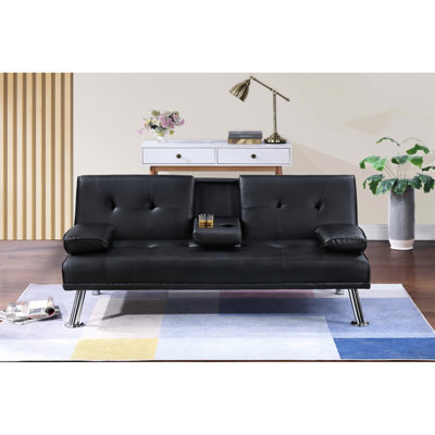Table de salon pliable en similicuir de couleur noire avec table pliante et porte-gobelets capitonnée et rembourrée