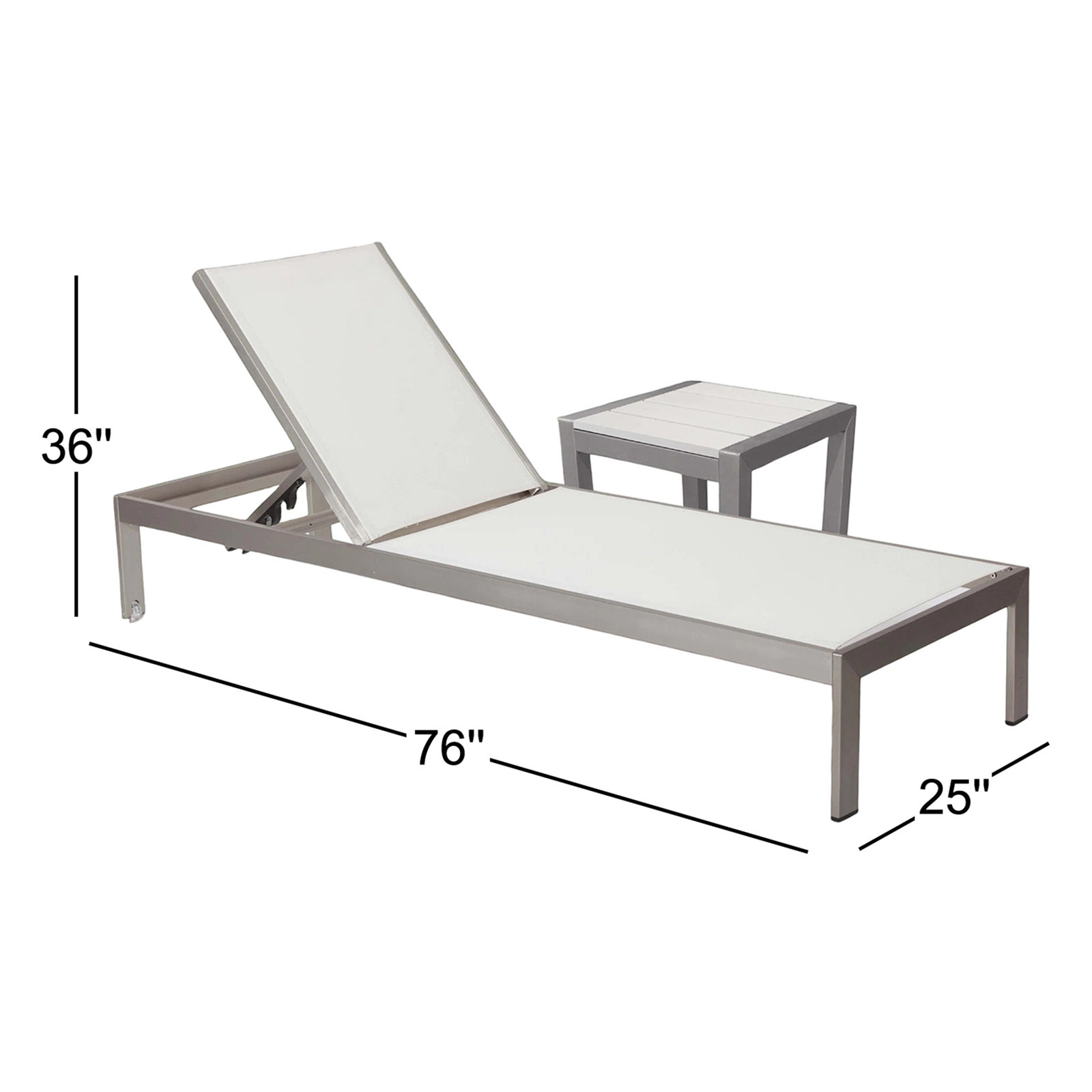 Aynura 76" Long Reclining Chaise Lounge Set with Table, White, Satin Silver