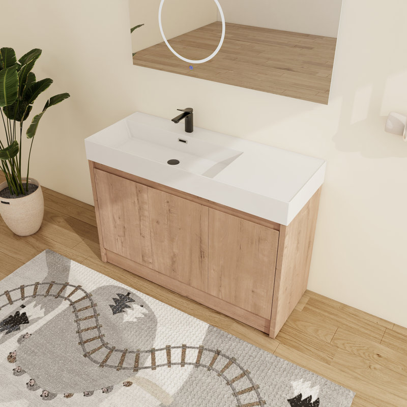 Quarnar 48" Freestanding Single Bathroom Vanity with 3 Doors & Adjustable Shelf , Single Freestanding vanity, 48" Single Bathroom Vanity Set, Floor Standing Vanity with White Resin Top