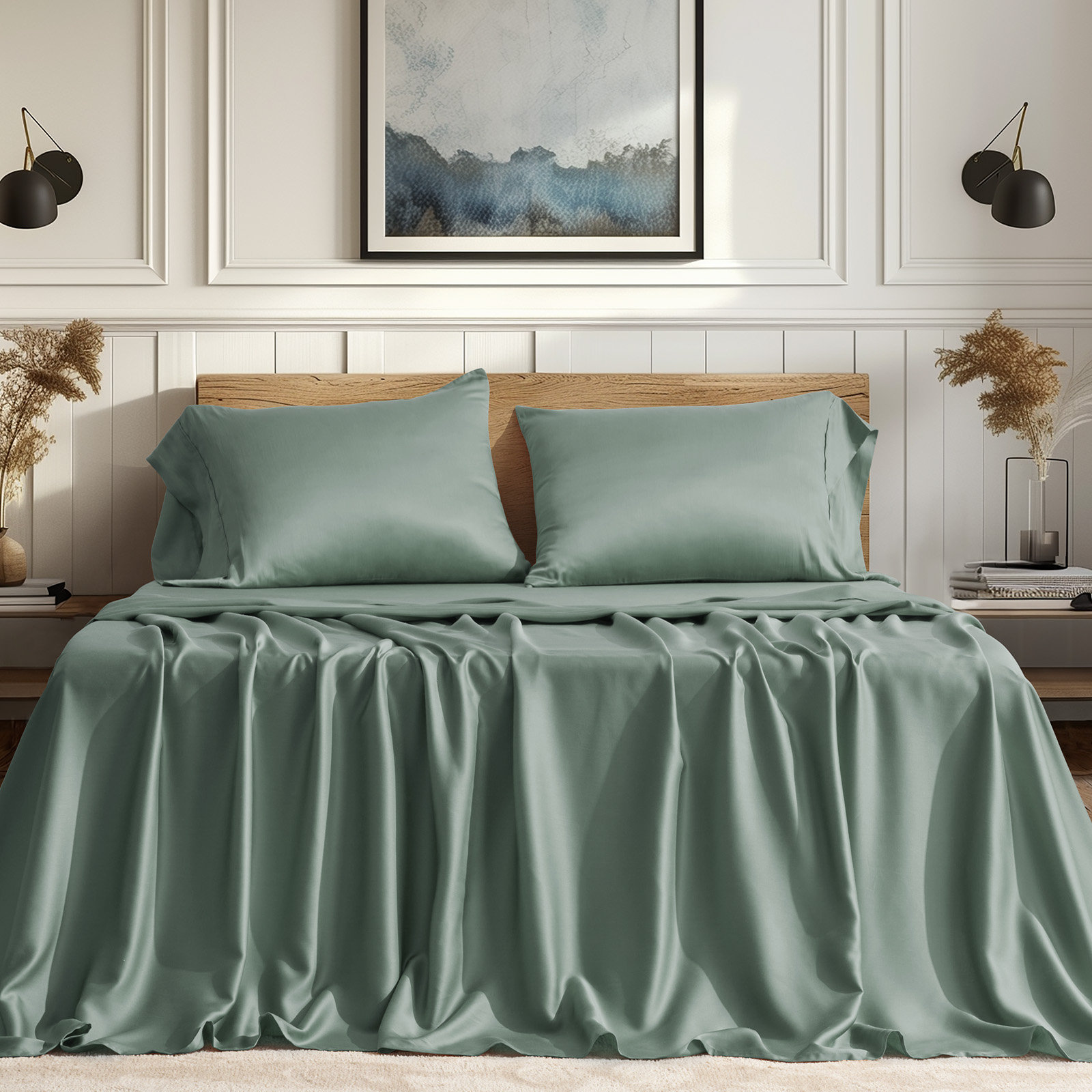 EVERGRACE Tencel Sheet Set King Size 4 Pieces，Soft Cooling Bed Sheets for Hot Sleepers, Eucalyptus Lyocell Luxury Breathable Bedding Set, 1 Fitted Sheet, 1 Flat Sheet, 2 Shams, Misty Sage Green - Thumbnail 5