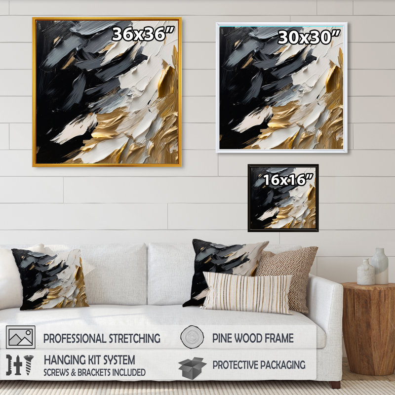 Golden Wave Reflections V - Art mural abstrait grand, H 16 po x l 16 po x P 1 po, Toile avec cadre flottant or