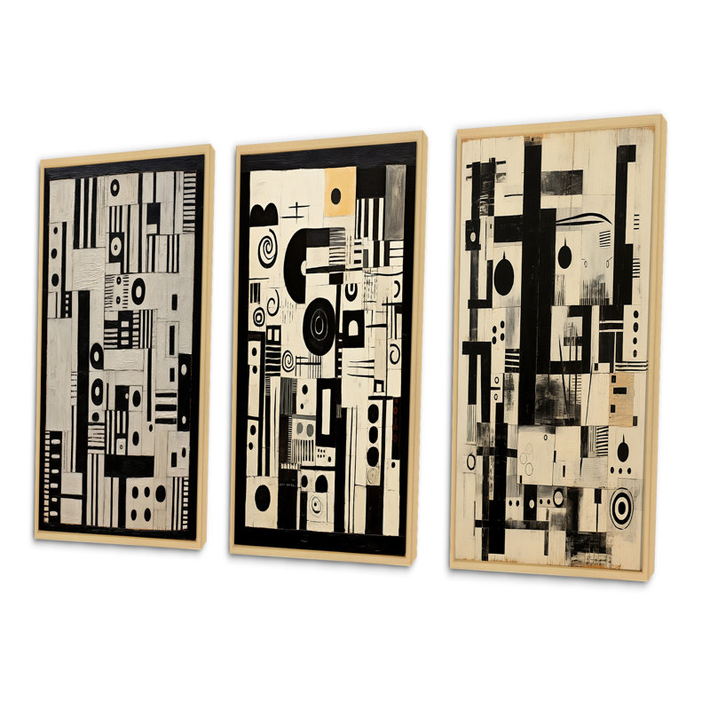 "Lithographie urbaine et sagesse noire I", 3 pièces sur toile, Cadre naturel flottant, H 20 po x l 36 po