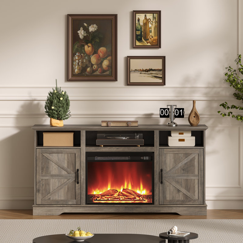 Modern Media TV cabinet with Electric Fireplace, Adjustable LED Lights & Storage Cabinet for TVs up to 65 Inches - App & Remote Controlled Entertainment Center for Living Room