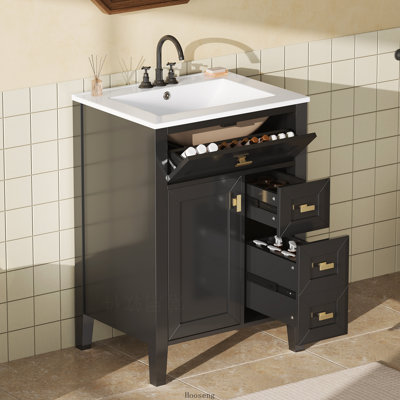Meuble-lavabo autoportant 24 po avec comptoir d'évier, armoire en MDF et en bois d'hévéa avec 3 tiroirs, armoire et support de porte à 2 niveaux, quincaillerie à fermeture en douceur, noir