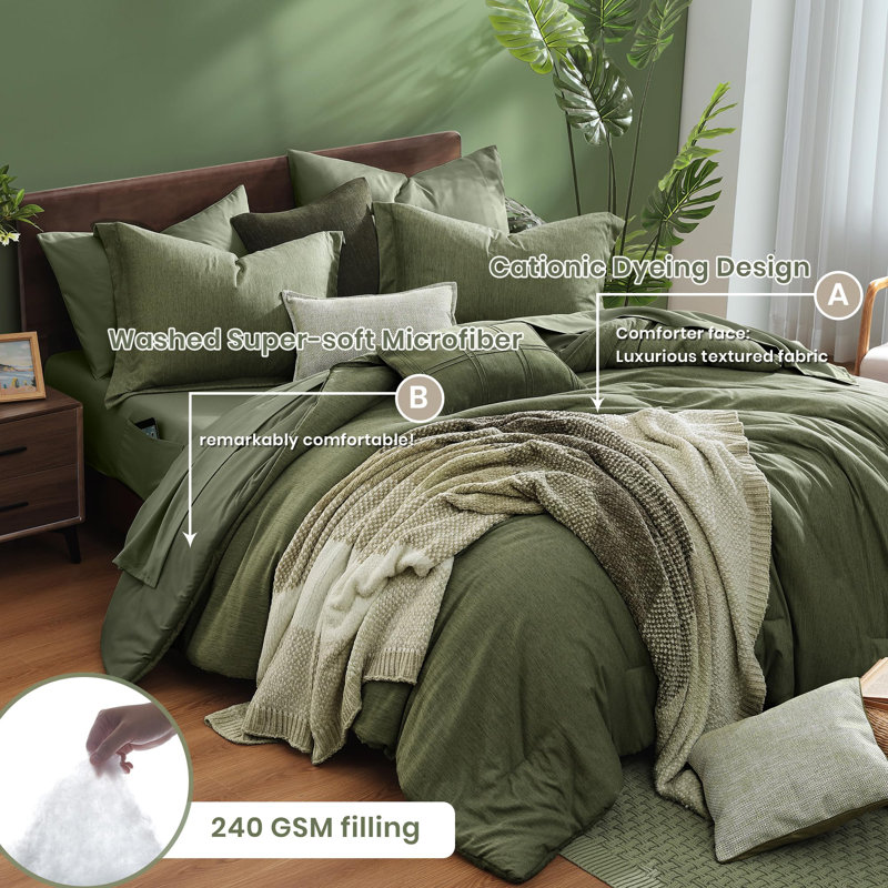 Cationic Comforter Set 7PC, Queen Comforter + 6 Additional Pieces, Olive Green