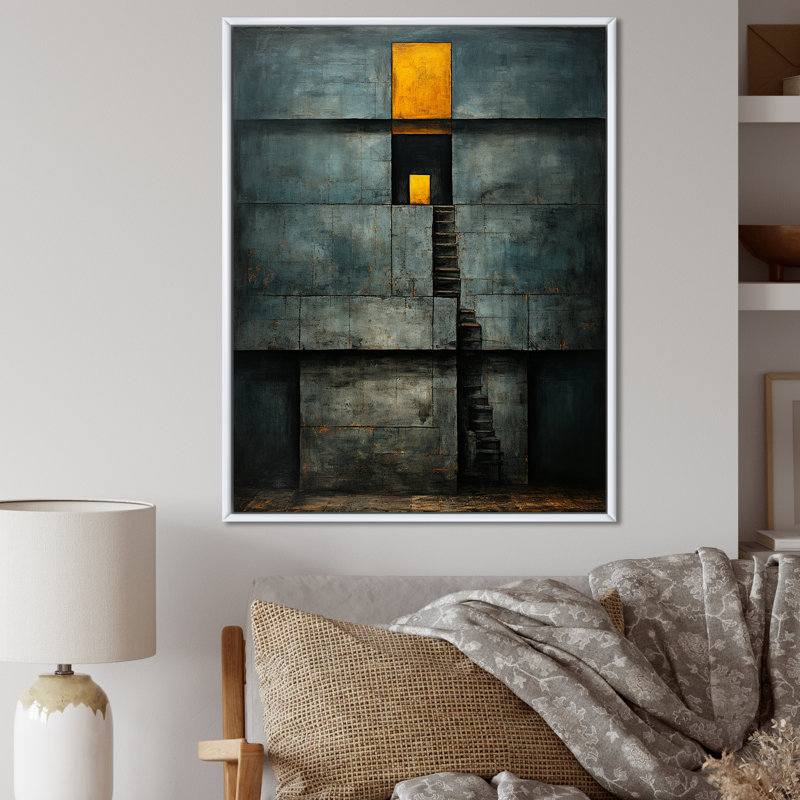«Quiet Wisdom Minimal Orange On Vintage Blue - Modern Geometric Wall Art Living Room, 44" H x 34" W, Cadre flottant blanc