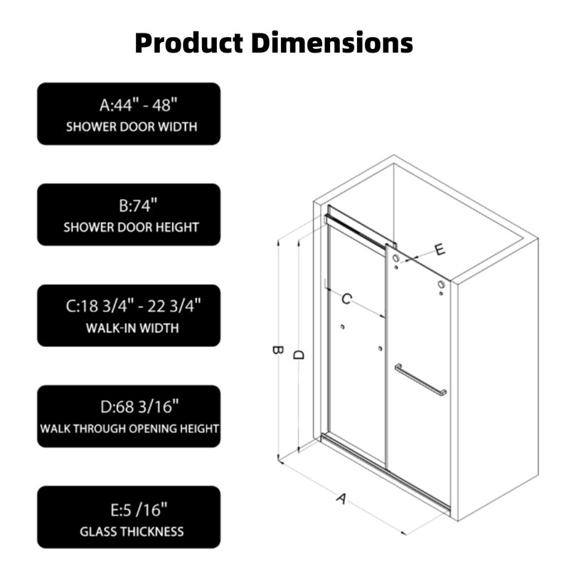 Porte de douche côte à côte, porte coulissante, avec verre trempé de 5/16 po avec une finition en acier inoxydable noir mat.