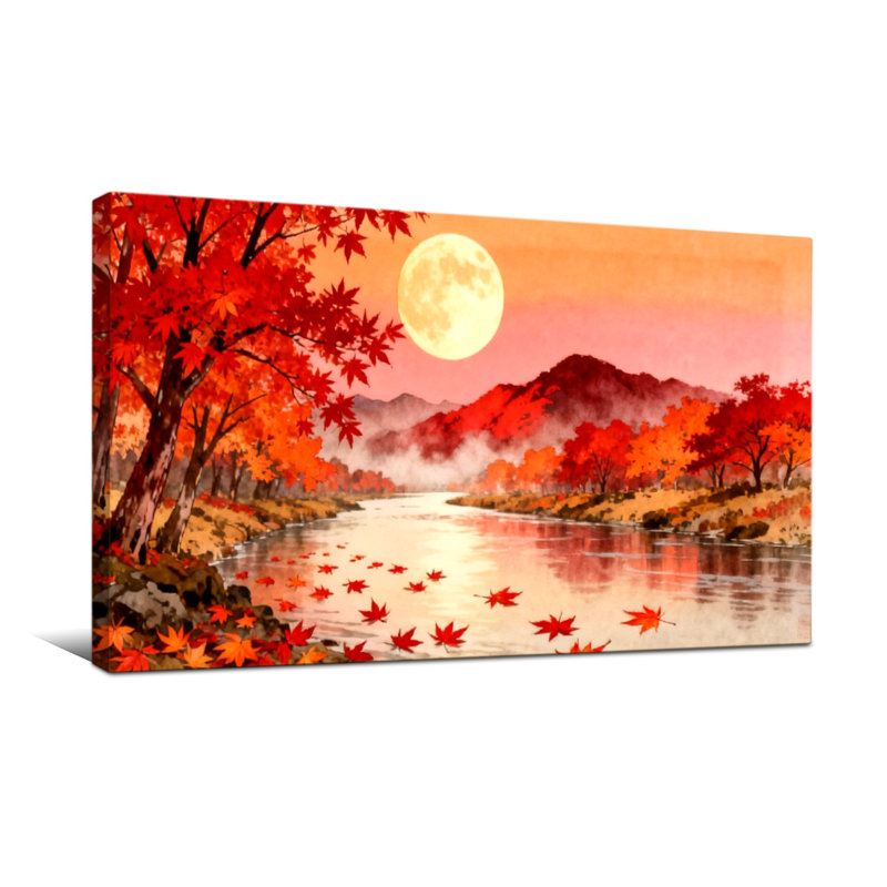 Nautique et plage automne rivière lune arbres feuilles montagnes reflet du ciel, H 24 po x l 48 po