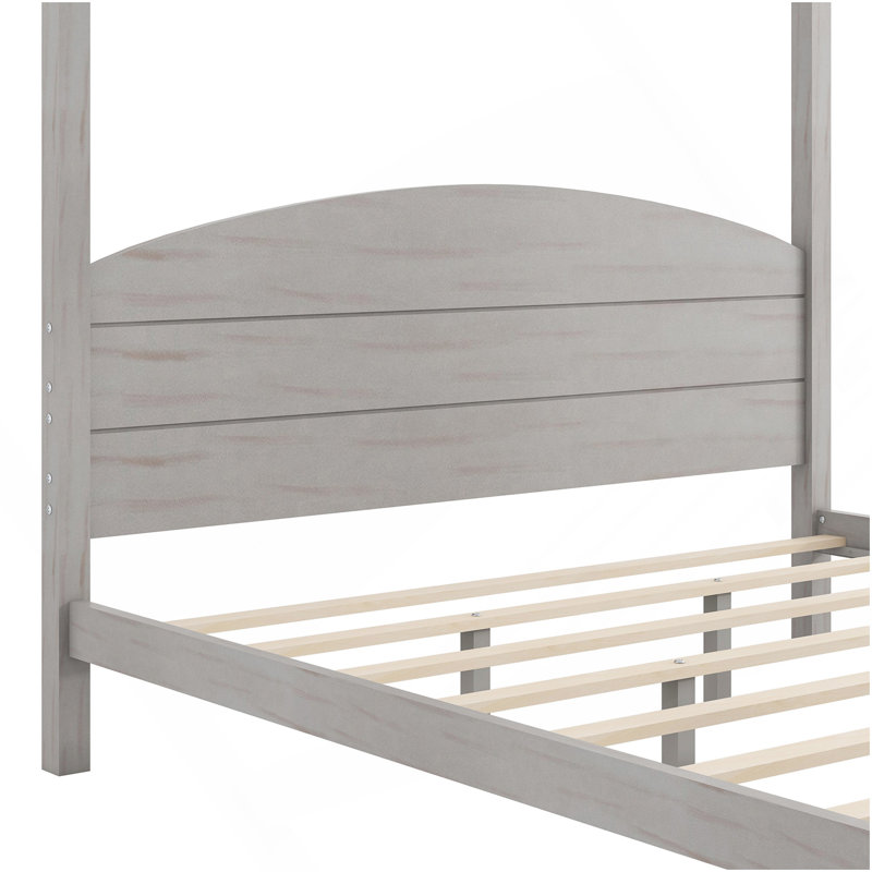 Très grand lit plateforme à baldaquin avec tête de lit et pieds de soutien, gris délavé
